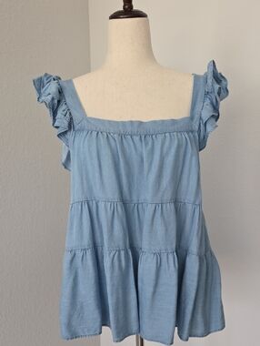 Light Blue Ruffle Sleeve Square Neck Women's Top Romantic Tiered